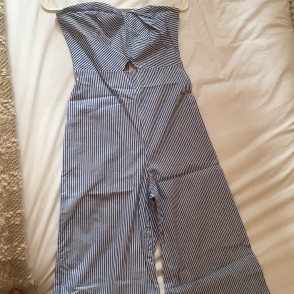 Blue and white striped jumpsuit